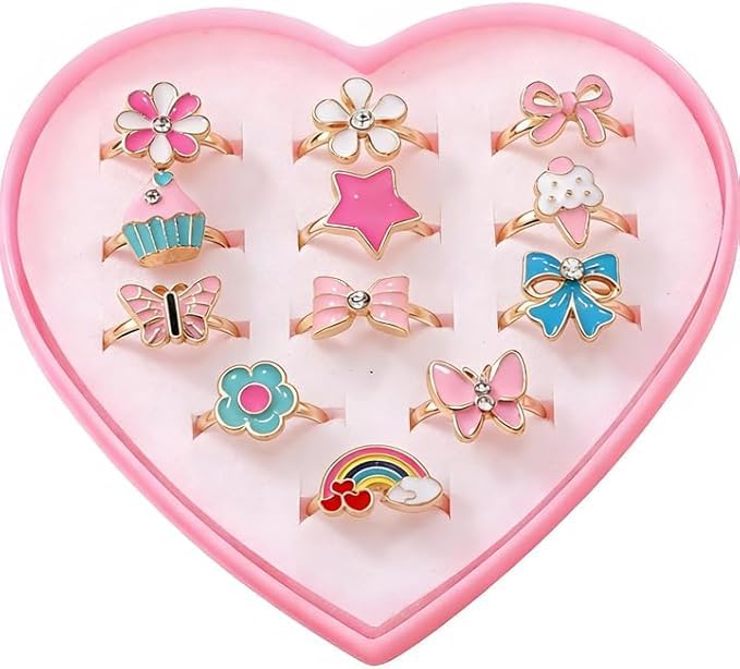 Embhlitfe 12 Pcs Adjustable Kids Rings for Girls Jewellery,Girls Rings Set Childrens Rings Princess Dress Up Toys With Heart Shape Box,Party Ring for Girls Kids Valentine's Day Birthday Gift