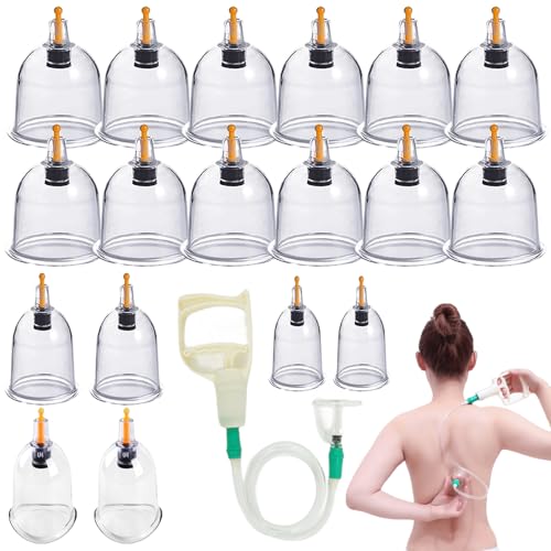 Cupping Glasses Set, 18 Cupping Cups for Traditional Chinese Therapy and Cupping Massage, Cupping Set with Vacuum Pump and Extension Tube, Cupping Glass Cupping Set (without Oil)