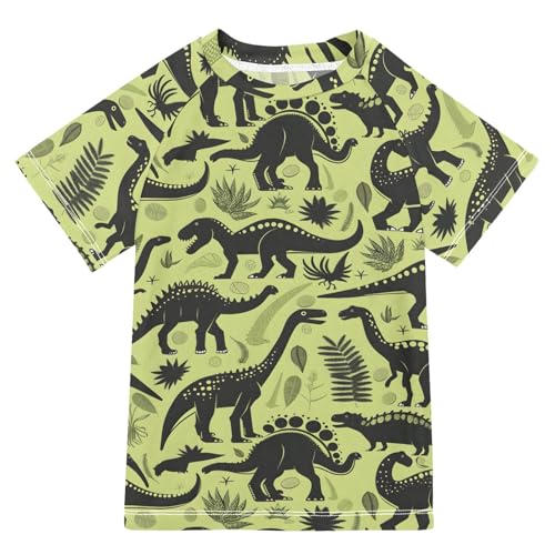 ALAZA Boys Swim Shirt Short Sleeve Rash Guard for Boys Girls UPF 50+ Dinosaurs Green 9-10T