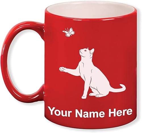 LaserGram 11oz Round Ceramic Coffee Mug, Cat with Butterfly, Personalized Engraving Included (Red)