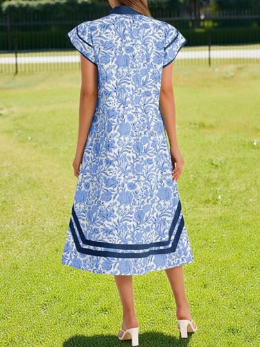 Image of Wenrine Womens Summer Floral Maxi Dress Casual Short Cap Sleeve V Neck Color Block Side Slit Loose Boho Beach Dresses