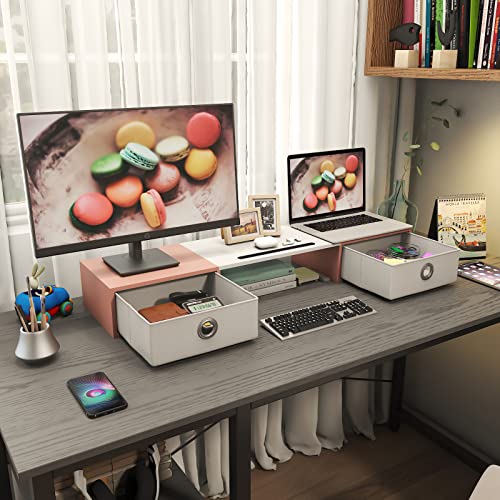 Image of WESTREE Dual Monitor Stand Riser with Two Drawers, Extra Large Storage Monitor Stand for 2 Monitors, Computer Monitor Stand with Solt, Desktop Oraganizer Stand for Computer,Laptop,Screen,Printer,TV