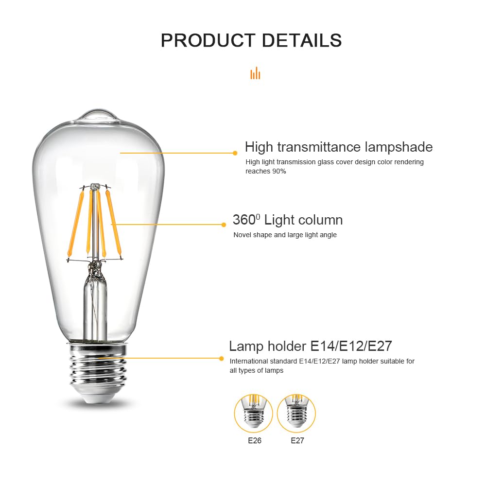 Bombilla LED ST64 de Estilo Vintage con Casquillo E26 Edison, Bombilla Edison, Bombillas LED Regulables de Estilo Antiguo, 2700K, Cristal Transparente, ángulo de Haz de 3