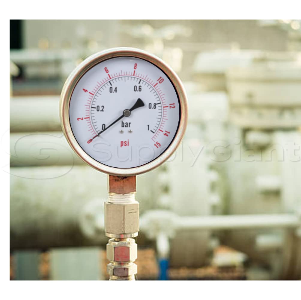 Supply Giant 4.5" inch Dial Utility Dry Water Pressure Gauge, Ideal for Swimming Pool Filter - Sprinkler - Spa - Well Pump - Aquarium - Water Hose, 1/4" NPT Lower Mount Brass Connection (0-15 psi)