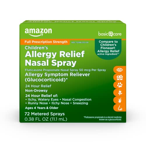 Image of Amazon Basic Care Children's Fluticasone Propionate Nasal Spray, 24-Hour Allergy Relief, Non-Drowsy, Multi-Symptom Relief for Nasal Congestion, Ages 4+, 0.38 fl oz