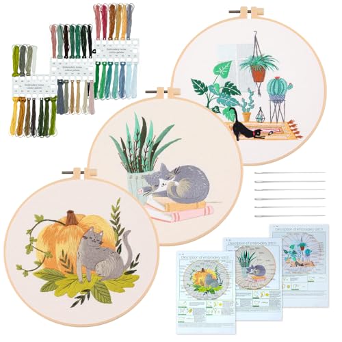 Image of XM-GENYUE 3 Sets Cute Cat Embroidery Starters Kit with Pattern for Beginners, Full Range of Stamped Cat and Flower Cross Stitch Kit Set with Embroidery Hoop Cloth Thread Needlepoint Kit