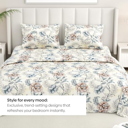 Image of Rivermoor 144 TC Cotton Bedsheet for Double Bed | Queen Size Bed Sheet with 2 Pillow Covers | Ivory & Blue Botanical Floral | 90 x 100 Inches