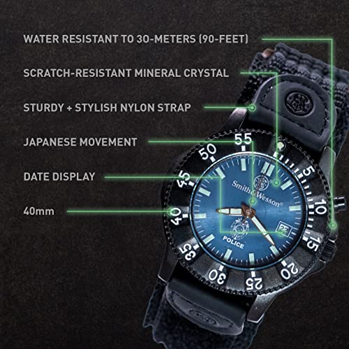SMITH & WESSON Tactical Men’s Police Watch, Blue Face with Backlight, 3ATM Water Resistant, Precision Quartz, Scratch Resistant, 40mm, Great Military Watch for Police Personnel, Outdoors4
