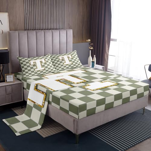 Image of Erosebridal Sage Green Checkered Sheet Set King Plaid Initial T Bed Sheets Personalized Monogram Bedding for Kids Boys Girls,Fashion Grids Gingham Bed Sheets Set 4 Piece