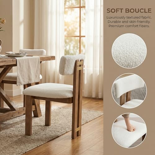 Image of HNY Modern Farmhouse Boucle Dining Chairs Set of 4, White Sherpa Fabric Upholstered Dining Room Kitchen Chairs with Natural Wood Frame & Curved-Back, Armless Accent Wood Chairs for Dining Living Room