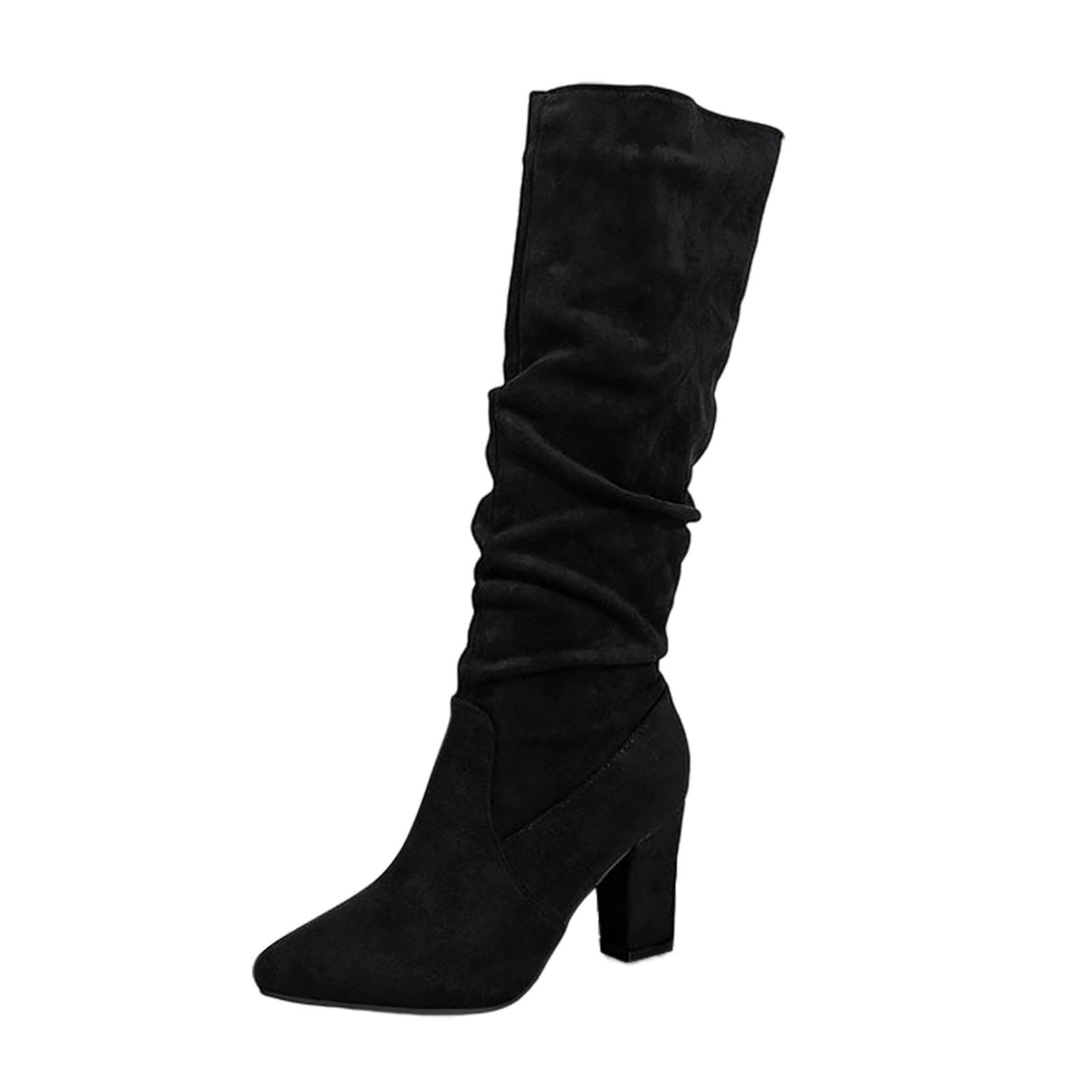 Womens Knee High Boots Fall Chunky Block High Heel Slouch Fashion Boot Pointed Toe Pull-On Tall Long Booties