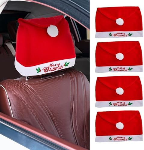 5pcs Christmas Car Decoration Comfort Santa Hat Car Seat Headrest...