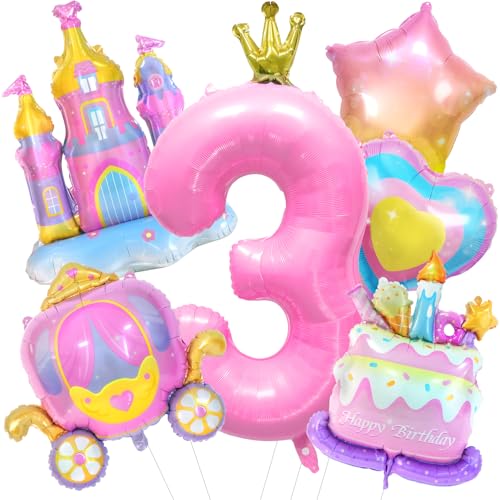 6PCS Princess Birthday Balloons Large Pink Castle Balloon Carriage Balloon Crown Heart Star Cake Foil Balloons for 3rd Princess Birthday Girl Party Decorations Supplies Baby Shower Favors