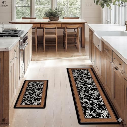 Image of KIMEE 2-Piece Kitchen Mat Set - Kitchen Floor Rugs, Non-Slip & Easy to Clean Water Absorbing Runner Comfort Mats for Kitchen, Laundry, Office (Black Border FlowerPattern, 120cm x 60cm + 60cm x 40cm)