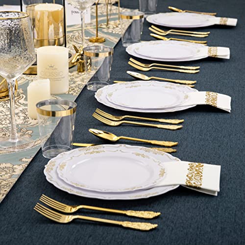 Supernal 800Pcs Gold Dinnerware Set,100Pcs 10.25" Gold Rim Dinner Plates,100Pcs 7.5" Gold Dessert Plates,400 Gold Plastic Silverware,100 Gold Cups,100 Gold Napkins,100 Guest Dinnerware Set #TOP4
