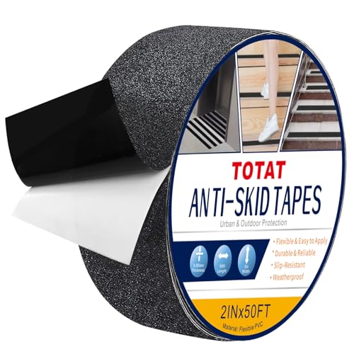 Image of Black Anti-Slip Stair Treads Tape2 x50FT Heavy Duty PVC Non-Skid Grip Tape for Wooden Steps, Indoor /Outdoor Stairs, Pool Decks - Peel & Stick Waterproof Safety Traction