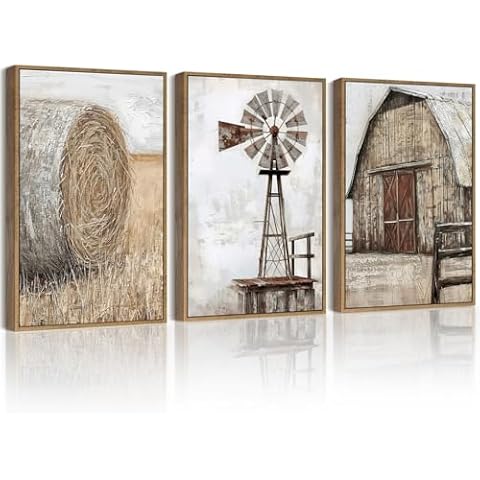 Drsoum Farmhouse Wall Art Vintage Rustic Windmill Barn Cornfield Pictures Framed Painting Landscape Countryside Rural Canvas Artwork Home Decor Ready to Hang 11x14in - Natural Framed Cover