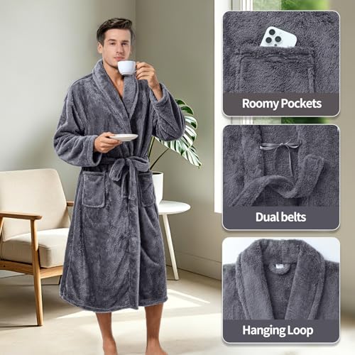 Image of Inner Wish Mens Plush Fleece Robe, Highly Absorbent Cozy Warm Bathrobe Fuzzy Male Spa Long Robe With Pockets