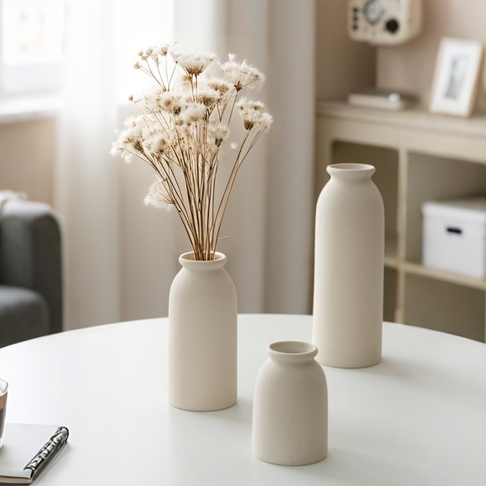 Ceramic Vase Set-3, Small Flower Vases for Decor, Modern Boho Farmhouse Style, Decorative Vases for Pampas Grass & Dried Flowers, Distressed Finish (Beige) - Image 7