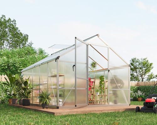 8x10 FT Greenhouse for Outdoors, Polycarbonate Greenhouse with Roof Vent, Ground Nails, Lockable Push Door, Aluminum Large Walk-in Green House for Outside Garden Backyard, Patio, Lawn, Silver