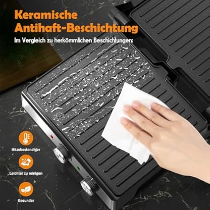 KEINVE Kontaktgrill, Elektrogrill, Sandwichtoaster, Fettarmes Grillen, Panini, Toasts, Steak, Gemüse, Antihaftbeschichtete Grillplatten, 2000W, 35x13x32, Edelstahl/Schwarz – Bild 4