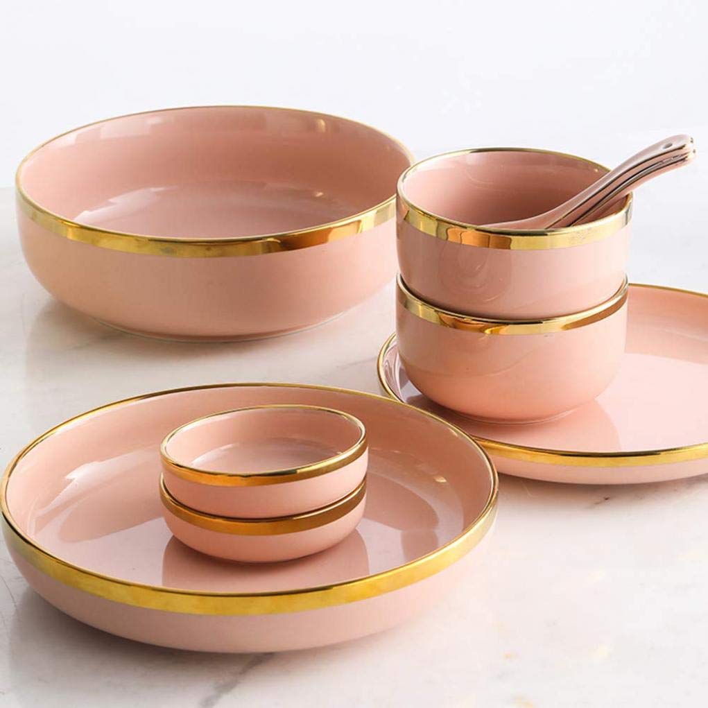Vaisselle en porcelaine rose Phnom Penh, combinaison de 26 pièces en céramique saine à bord doré (rose 26 pièces)