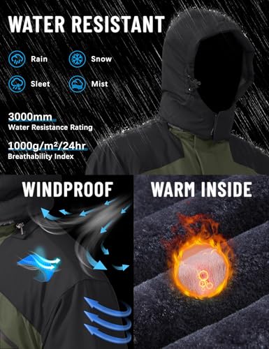 TACVASEN Herren Arbeitsjacke Winter Angeljacke Übergangsjacke Regenjacke Outdoorjacke Wasserdicht Atmungsaktiv Winddicht, Armeegrün, L