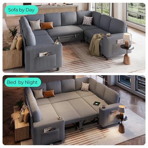 Image of LINSY HOME Sectional Sleeper Sofa with Pull Out Couch Bed - Convertible Plush Corduroy Cloud Couch with Storage Chaise & USB Charging, Comfy Modular Couches for Living Room, Grey