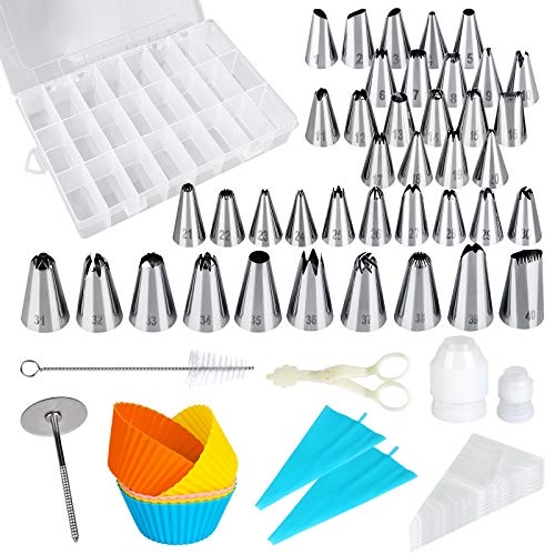 Set de Decoración de Pasteles, 30 Puntas Formación Hielo Numeradas y 10 Boquillas Medianas con Patrón, 5 Tazas Muffin, 2 Acopladores, 1 Flor de Uñas, 2 Bolsas Tuberías Reutilizables, 1 Tijeras Pastel