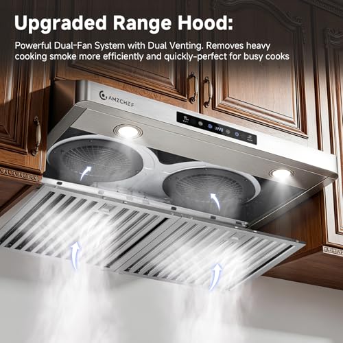 Image of AMZCHEF 30 inch Stainless Steel Under Cabinet Range Hood, 1050 CFM Dual-Fan | Stainless Steel hood with Touch /Remote /Gesture Control, timer, LED lights & dishwasher-safe baffle filters 3 outlets