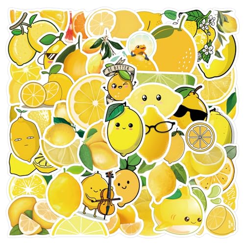 50Pcs Cartoon Fruit Lemon Stickers Fresh Lemons Vinyl Waterproof Kawaii Decals for Water Bottles Laptop Luggage Cup Mobile Phone Skateboard Guitar (Lemon)