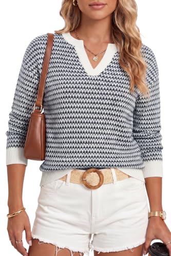 Arach&Cloz Womens 100% Cotton Long Sleeve Striped Sweater Polo V Neck Pullover Knit Business Casual Trendy Falll Winter Fashion 2026 Navy M