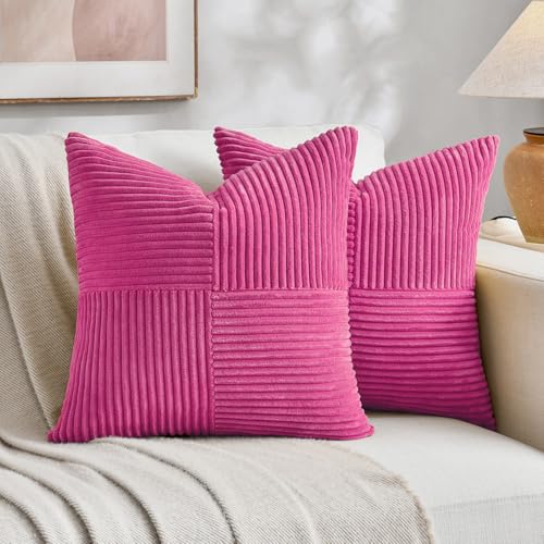Image of Fancy Homi 2 Packs Hot Pink Decorative Throw Pillow Covers 16x16 Inch for Living Room Couch Bed Sofa, Rustic Farmhouse Boho Home Decor, Soft Corss Patchwork Corduroy Textured Cushion Case 40x40 cm