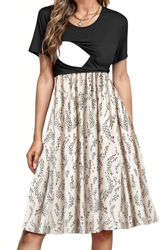 Image of PARNIXS Women's Nursing Dress Summer Short Sleeve Patchwork Pregnancy Clothes with Pockets