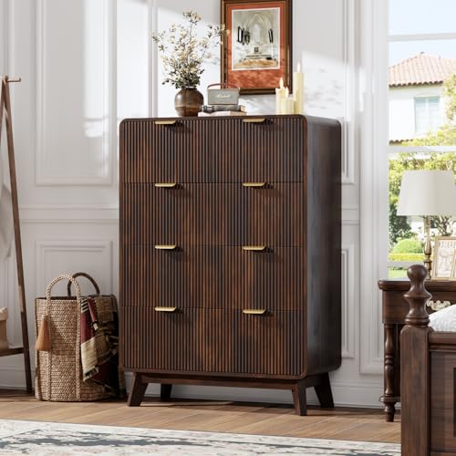 Image of QUW Fluted 5 Drawers Dresser for Bedroom, Modern 40.2 inch Tall Drawer Dressers with Metal Handle, Wooden Chest of Dresser for Living Room, Hallway, Solid Wood Legs, Curved Profile Design, Dark Walnut