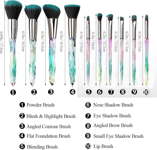 Image of Crystal Makeup Brush Set - 10 Piece Premium Synthetic Brushes with Iridescent Handles & Teal Bristles for Foundation, Blush, Eyeshadow, and Highlight - Professional Cosmetic Brushes Kit for Women & Girls