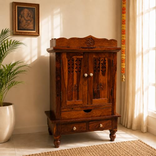Image of Wudniture Premium Solid Sheesham Wood Pooja Mandir for Home, Office, Living Room & Prayer Room | with Doors, Drawer & Storage Shelf and Legs | Traditional Design | Honey Finish(Aaradhya Temple)