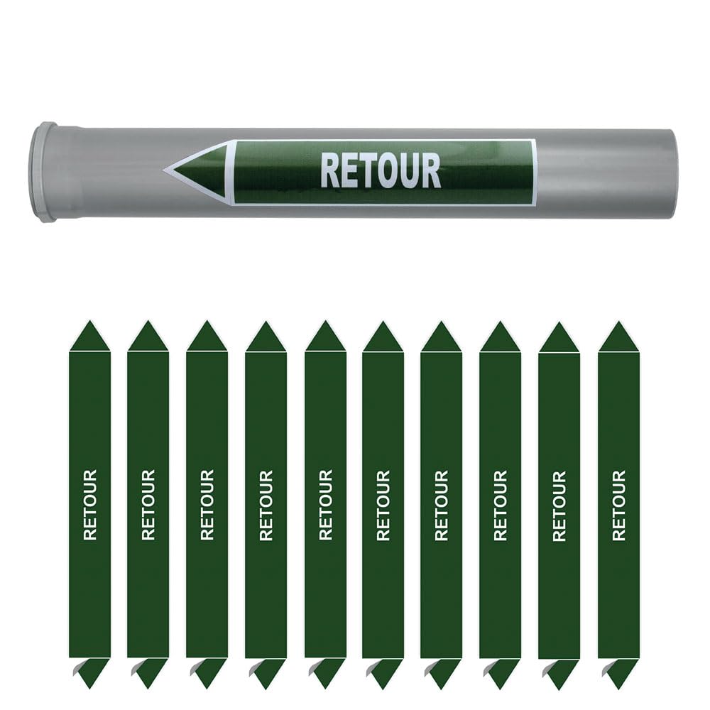 Planche de 10 marqueurs de tuyauterie EAU (Ø DM 32 à 60) pour fluide RETOUR / 200 x 26mm
