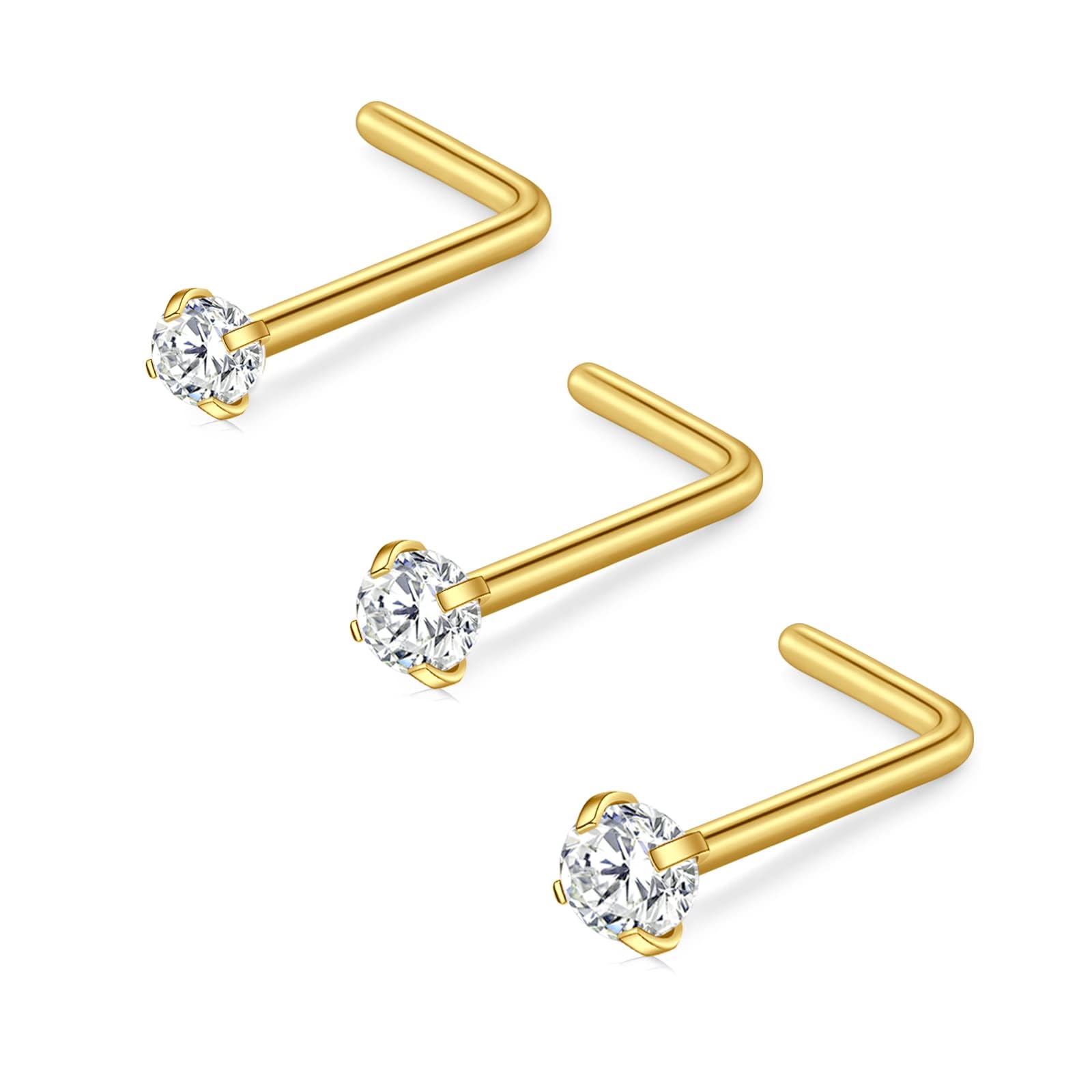 FECTAS Nose Stud L Shape Nose Ring Stud Nose Bar 18G 20G 1.5mm 2mm 2.5mm 3mm L Shaped Nose Piercing Jewellery Stainless Steel Clear Pink Blue Round Star Heart Diamond Silver Gold Black