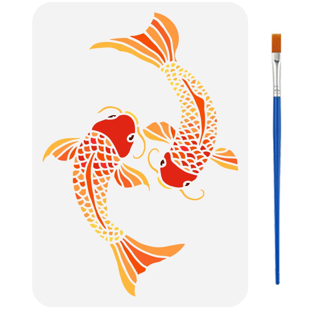 FINGERINSPIRE Koi Fish Stencil with Brush 8.3x11.7inch Decorative Fish Pattern Template Hollowed 2 Koi Fish Stencil Animal Theme Reusable Template