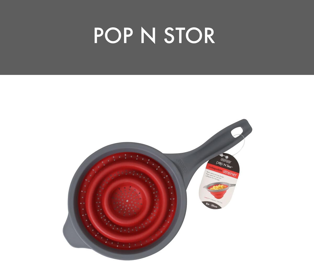 Dexas Pop N Store Collapsible Strainer, 8-Inch, Red, 1.3 Quarts Capacity, Dishwasher Safe, Space-Saving Design