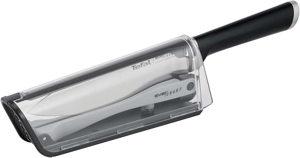 Tefal Ever Sharp - faca de chef de 16,5 cm, afiador integrado na capa, tecnologia de afiação de pivô duplo, sistema de bloqueio seguro, aço inoxidável alemão