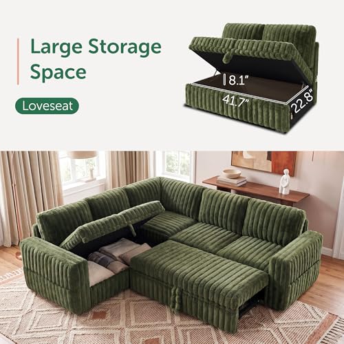 Image of HONBAY Plush Corduroy Modular Sectional Sofa with Pull Out Bed, Convertible L Shaped Couch with Storage,Sleeper Sectional Couches for Living Room,Plush Green