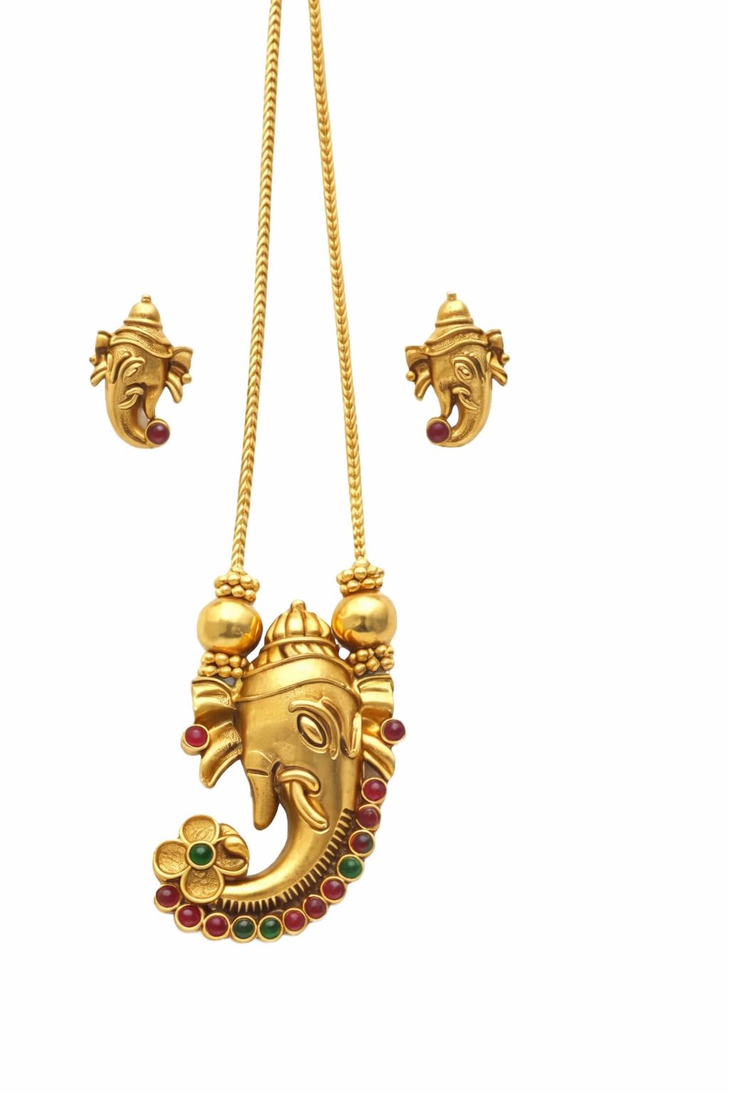 Latest Traditional Ganesha Pendant Necklace Set for Women | Antique Gold Plated Short Haram with Earrings | Temple Jewelry Design with Red & Green Stones | Festive Ethnic Necklace Set-image-18