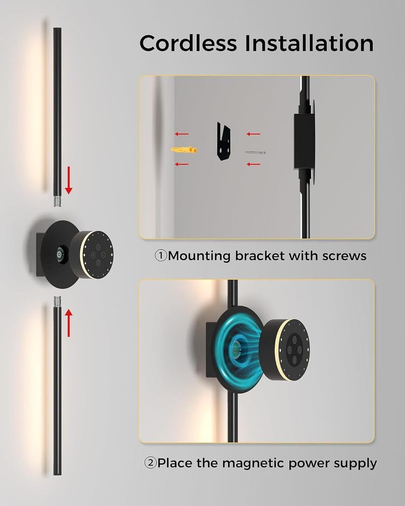 Lampada da Parete Ricaricabile con Telecomando, Luce LED Lunga e orientabile a 360°, per Interni, Senza necessità di Collegamento alla Rete elettrica, Alimentatore Rimovibile da 80