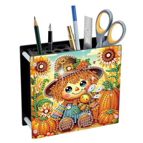 Image of Diamond Painting Pen Holder, DIY Diamond Art Desk Organizer with Autumn Harvest Pumpkin Design, Fall Diamond Art Kits for Adults, Decorative Desktop Storage Box for Office and Home