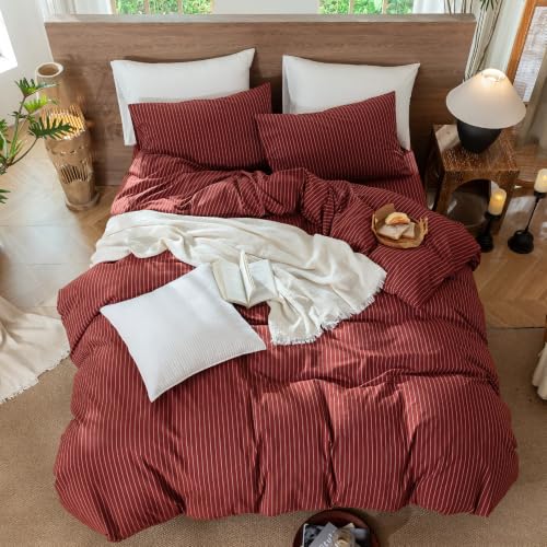 Image of MooMee Striped Duvet Cover Set 100% Washed Cotton Linen Like Queen | Relaxed Linen-like Texture. Soft, Breathable & Long-lasting Comfort. Lightweight. Hidden Zipper with 8 Interior Corner Ties