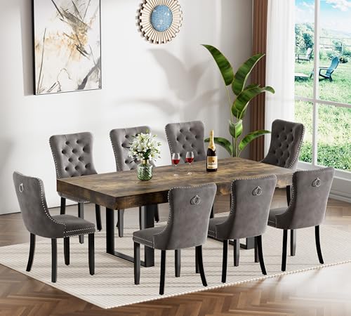 Image of Rustic Brown Dining Room Table Set for 8, 9-Piece 63 inch-78.74 inch Extendable Dining Table Set with 8 Upholstered Chairs, Rectangle Wooden Expanding Kitchen Table and Grey Chairs Set