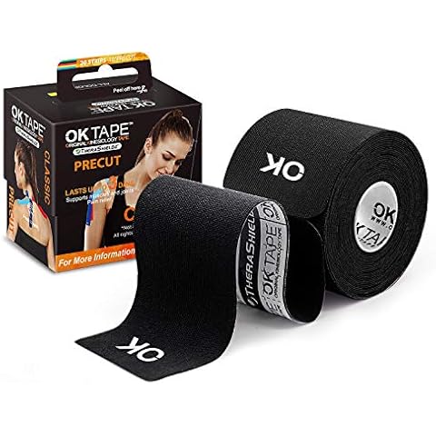 OK TAPE Kinesiology Tape 10 inches Precut, 20 Strips, Cotton Elastic Athletic Tape Latex Free, 2in x 16ft, Black Cover
