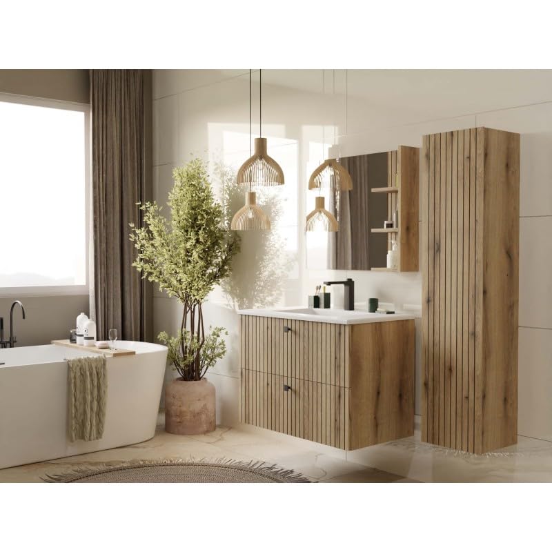 Meuble sous-lavabo suspendu CDF avec 2 tiroirs, meubles de salle de bain avec façades à lamelles et poignées – Rangement pour accessoires de bain, cosmétiques, serviettes – Design moderne Tigo 802S